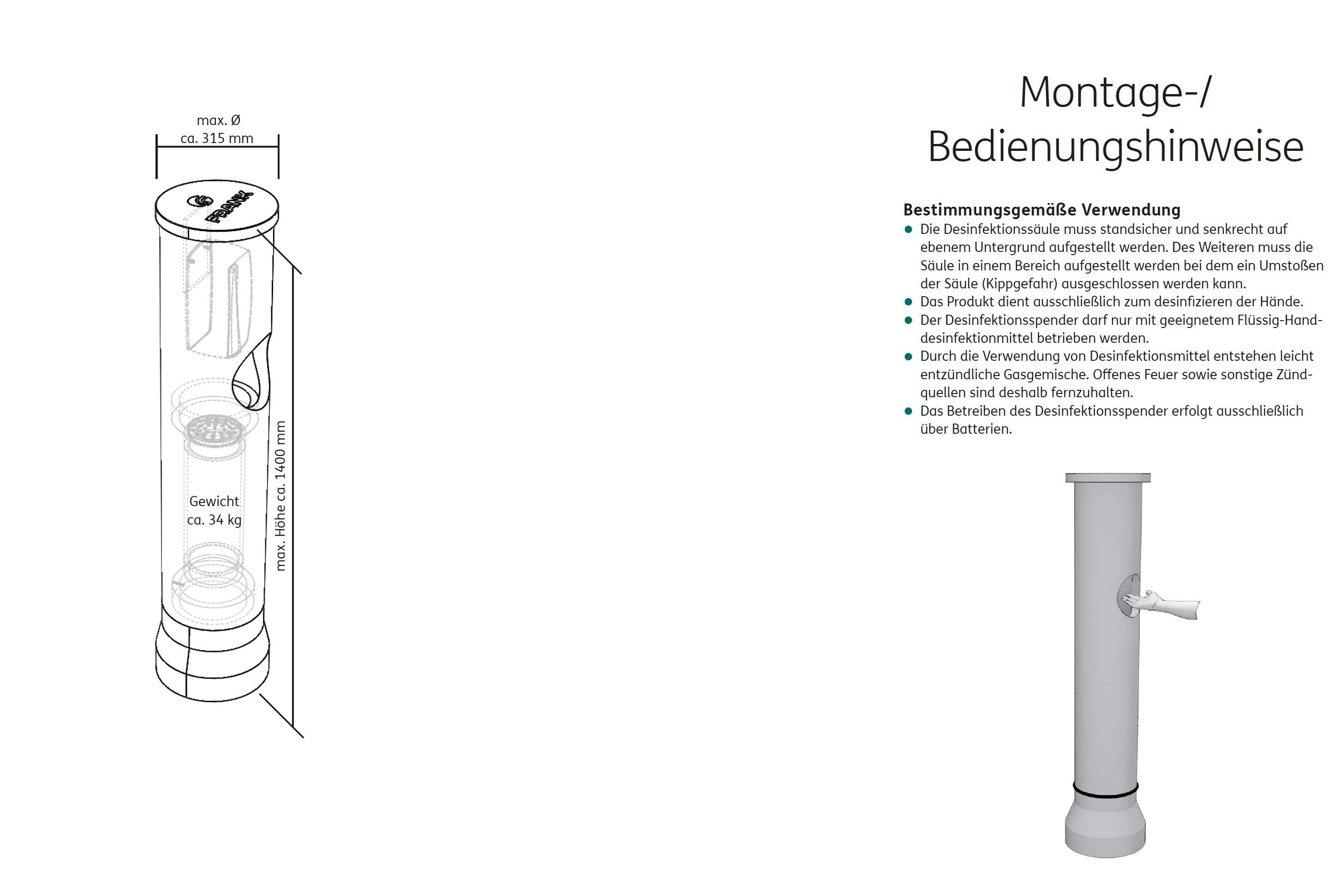 Desinfektionssäule aus PE Weiß foliert